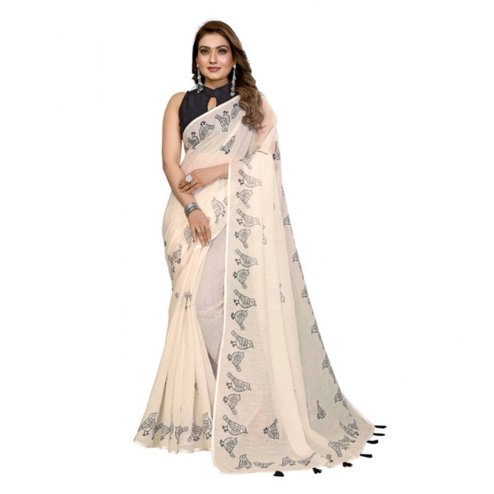 Generic Women's Linen Cotton Printed Saree With Unstitched Blouse 5.5Mtr (Off White)