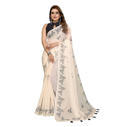Generic Women's Linen Cotton Printed Saree With Unstitched Blouse 5.5Mtr (Off White)