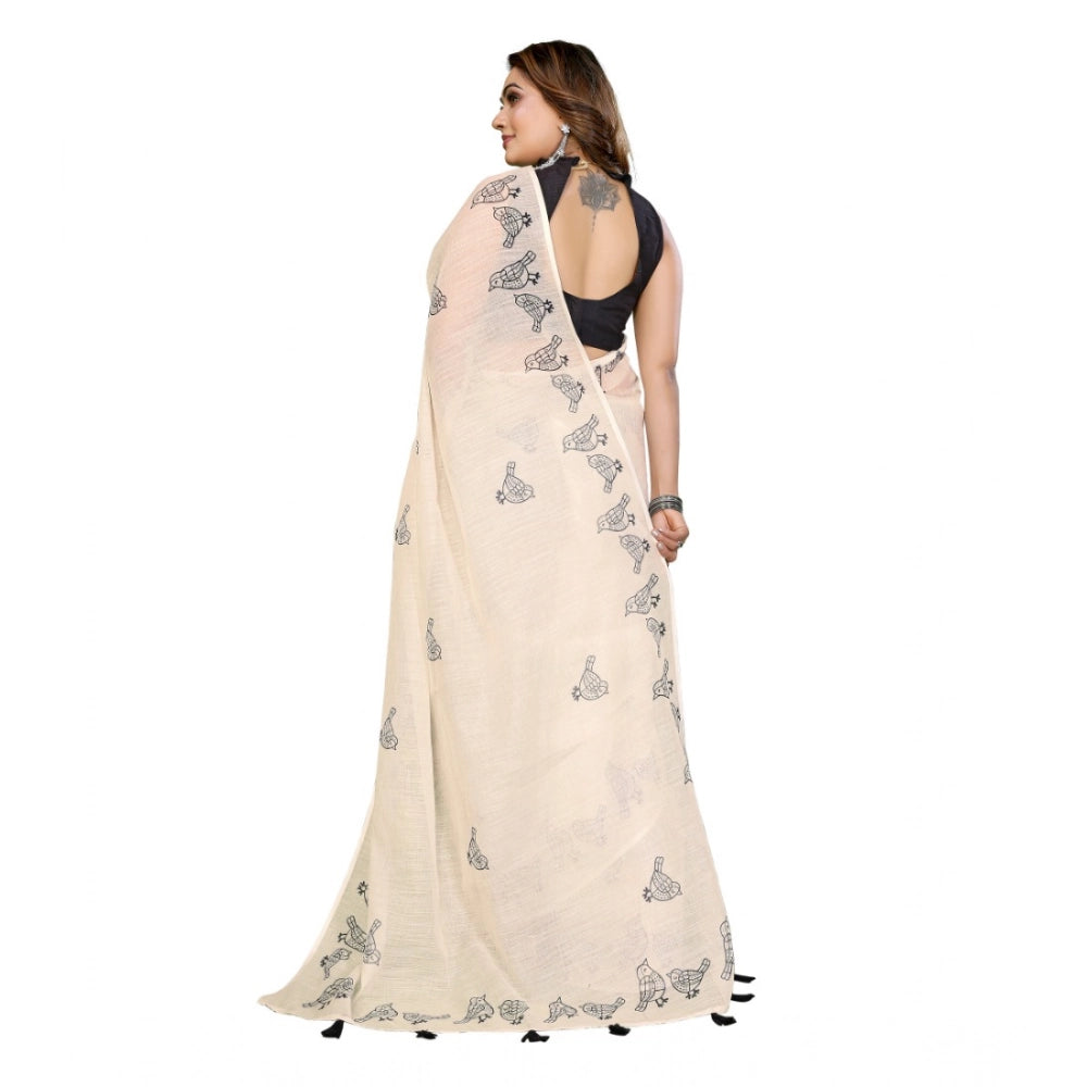Generic Women's Linen Cotton Printed Saree With Unstitched Blouse 5.5Mtr (Off White)