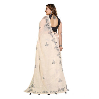 Generic Women's Linen Cotton Printed Saree With Unstitched Blouse 5.5Mtr (Off White)