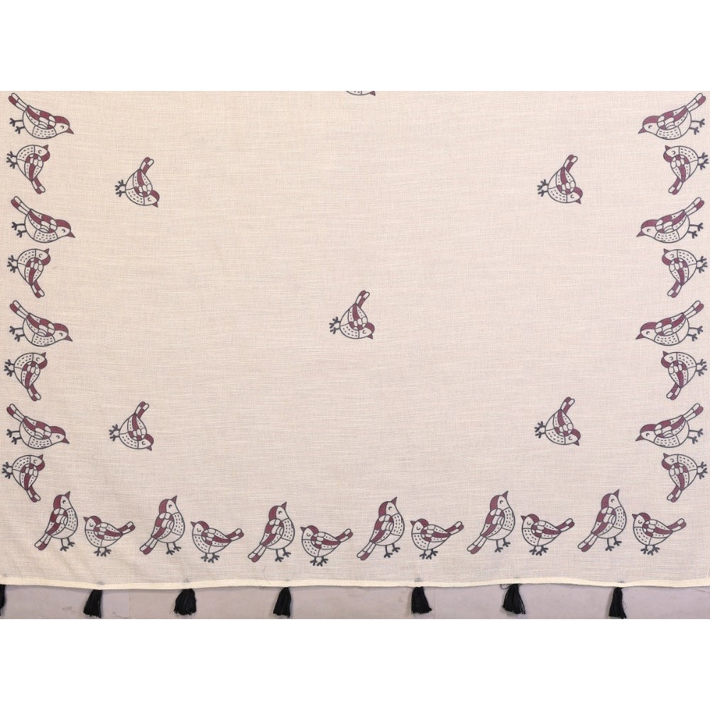Generic Women's Linen Cotton Printed Saree With Unstitched Blouse 5.5Mtr (Off White)