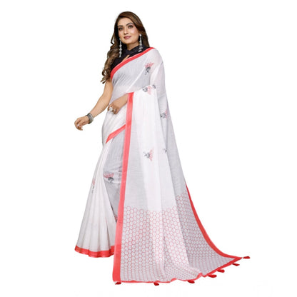 Generic Women's Linen Cotton Printed Saree With Unstitched Blouse 5.5Mtr (White)
