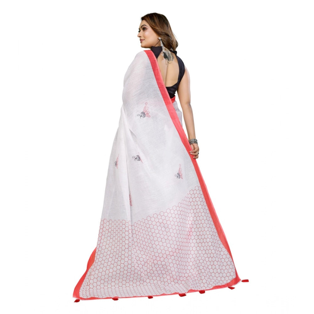 Generic Women's Linen Cotton Printed Saree With Unstitched Blouse 5.5Mtr (White)