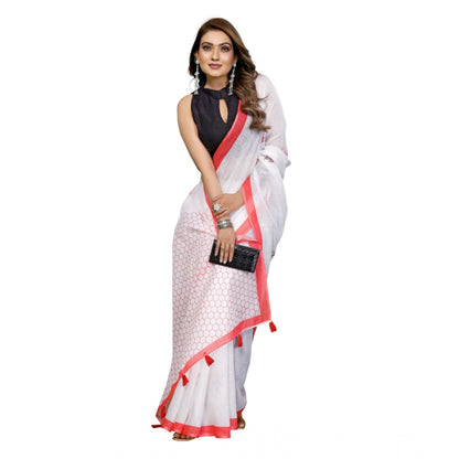 Generic Women's Linen Cotton Printed Saree With Unstitched Blouse 5.5Mtr (White)