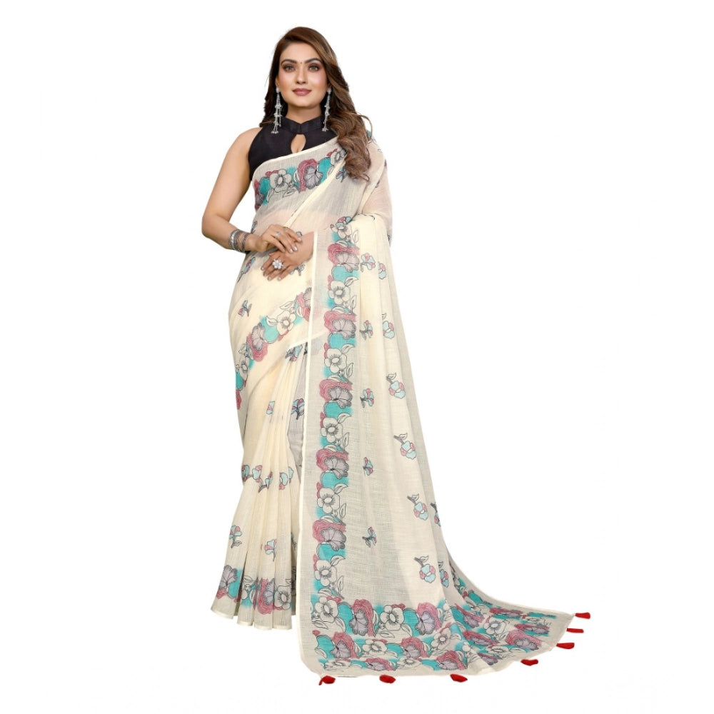 Generic Women's Linen Cotton Printed Saree With Unstitched Blouse 5.5Mtr (Off White)