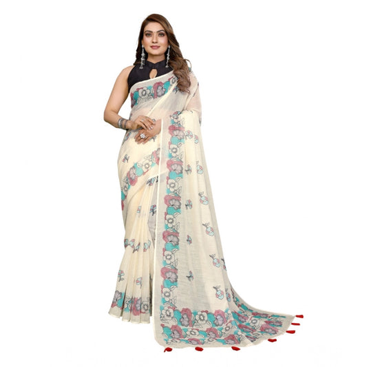 Generic Women's Linen Cotton Printed Saree With Unstitched Blouse 5.5Mtr (Off White)