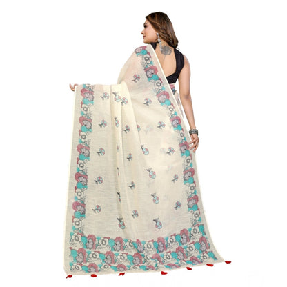 Generic Women's Linen Cotton Printed Saree With Unstitched Blouse 5.5Mtr (Off White)