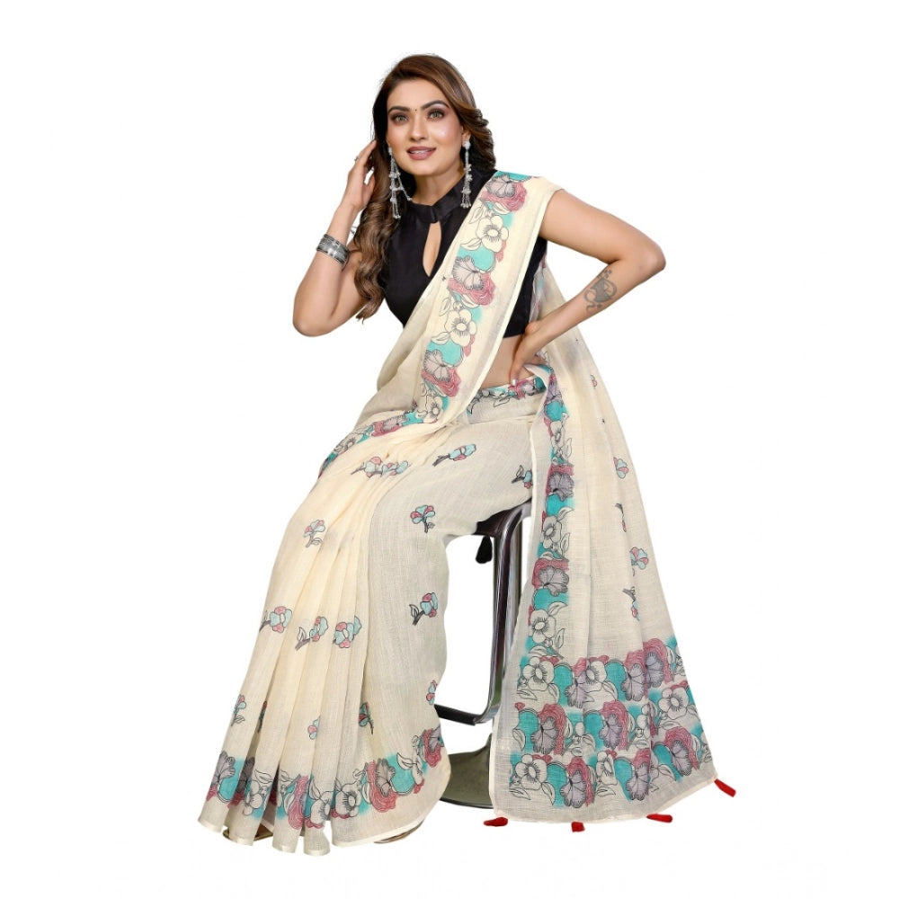 Generic Women's Linen Cotton Printed Saree With Unstitched Blouse 5.5Mtr (Off White)