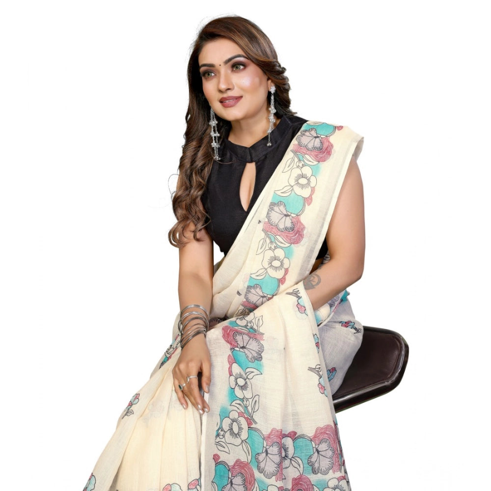 Generic Women's Linen Cotton Printed Saree With Unstitched Blouse 5.5Mtr (Off White)