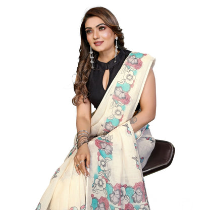 Generic Women's Linen Cotton Printed Saree With Unstitched Blouse 5.5Mtr (Off White)