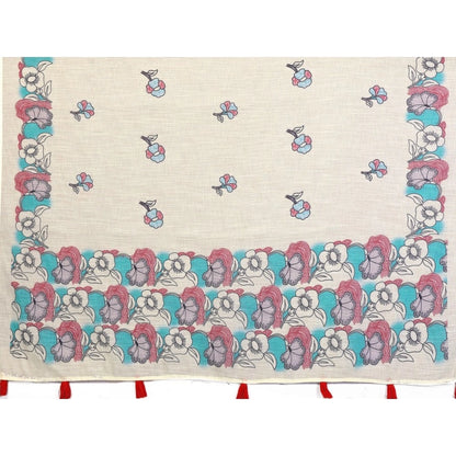 Generic Women's Linen Cotton Printed Saree With Unstitched Blouse 5.5Mtr (Off White)