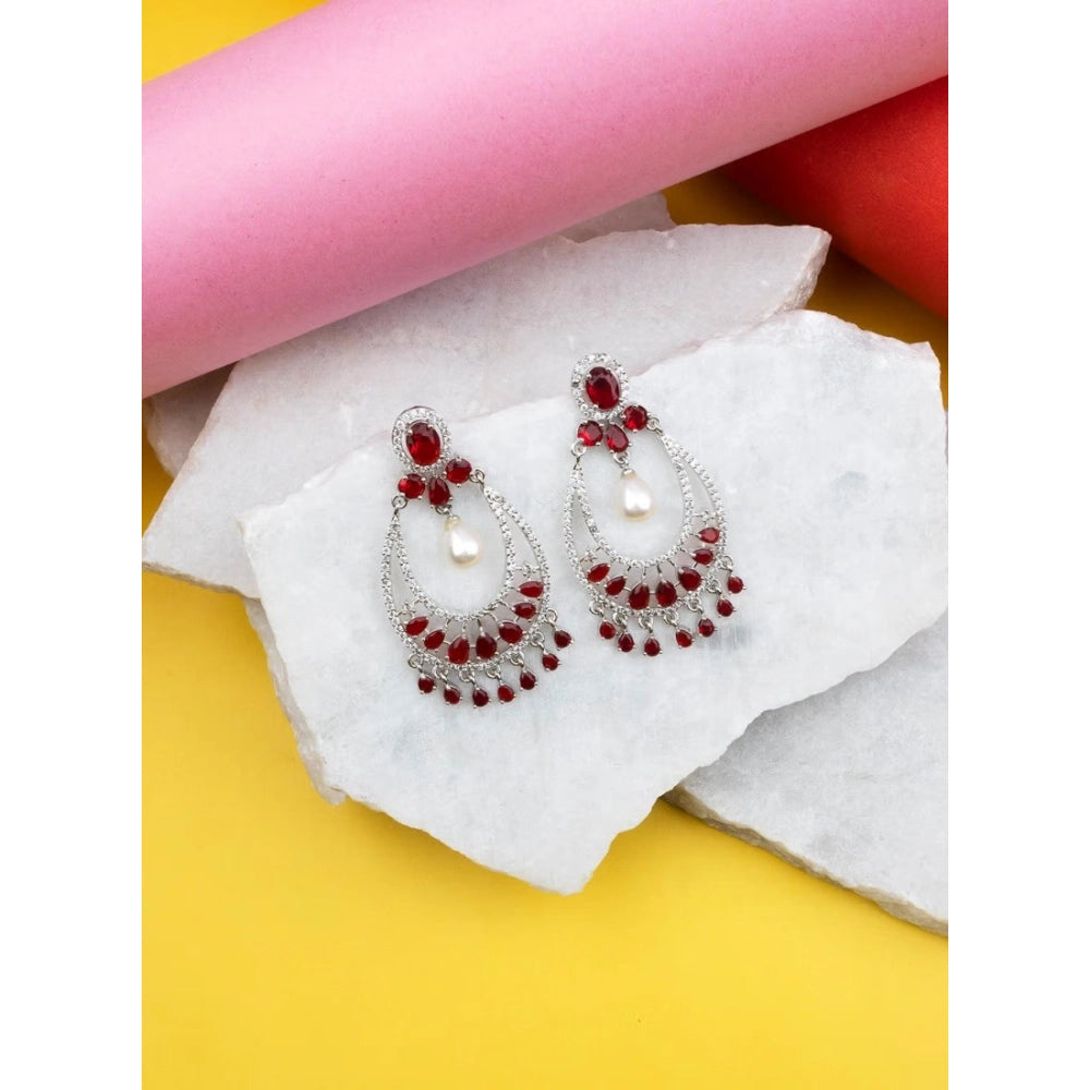 Generic Women's Brass Silver Plated Chandbali Earrings (Red)