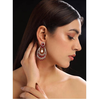 Generic Women's Brass Silver Plated Chandbali Earrings (Red)