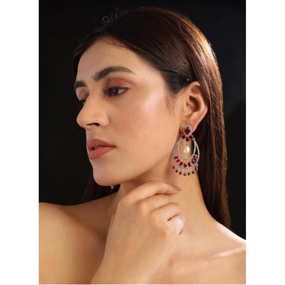 Generic Women's Brass Silver Plated Chandbali Earrings (Red)