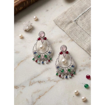Generic Women's Brass Silver Plated Chandbali Earrings (Multicolor)
