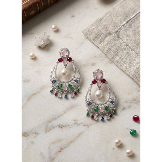 Generic Women's Brass Silver Plated Chandbali Earrings (Multicolor)