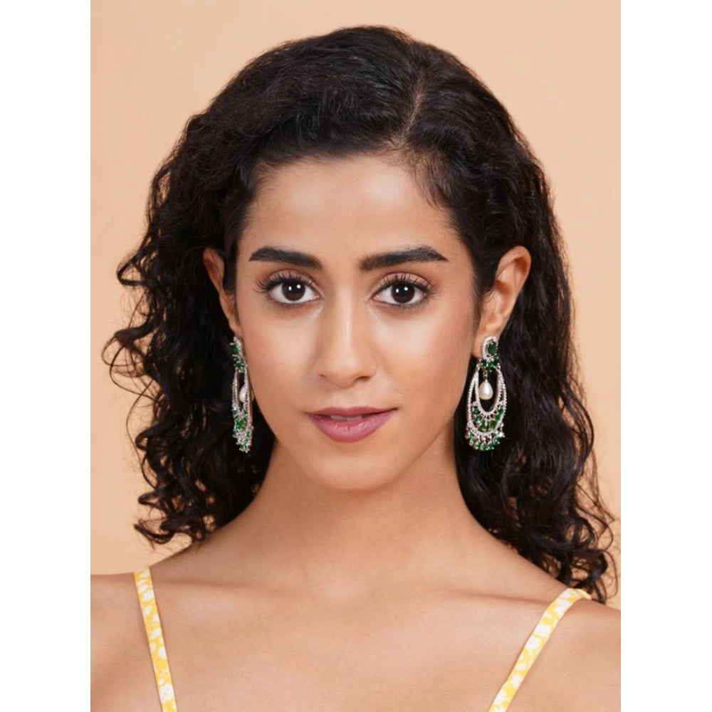 Generic Women's Brass Silver Plated Chandbali Earrings (Green)