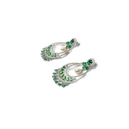 Generic Women's Brass Silver Plated Chandbali Earrings (Green)