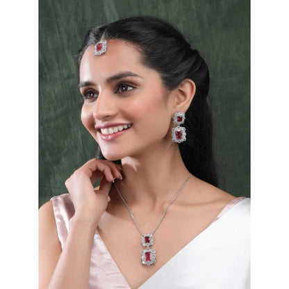 Generic Women's Brass Silver Plated Pendant Set (Red)