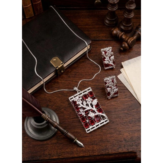 Generic Women's Brass Silver Plated Pendant Set (Red)