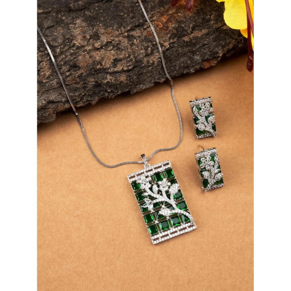 Generic Women's Brass Silver Plated Pendant Set (Green)