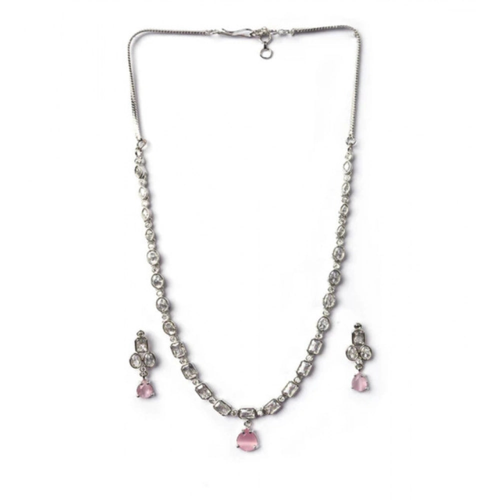 Generic Women's Brass Silver Plated Necklace set (Pink)
