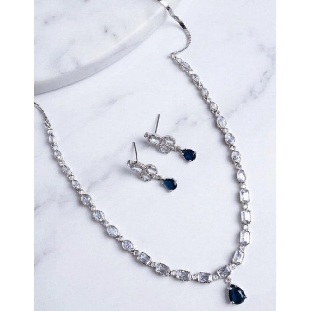 Generic Women's Brass Silver Plated Necklace set (Blue)