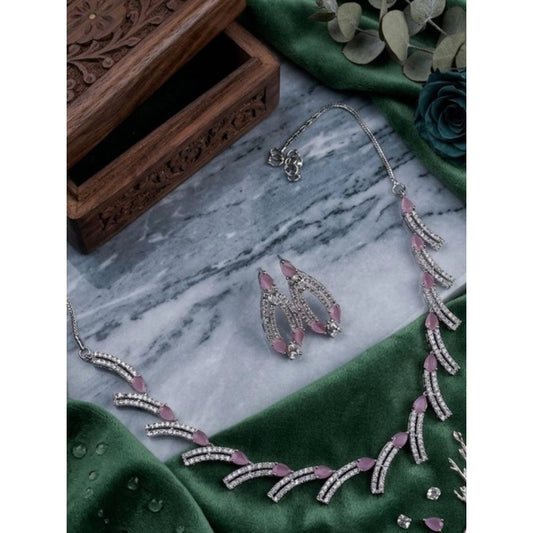 Generic Women's Brass Silver Plated Necklace set (Pink)