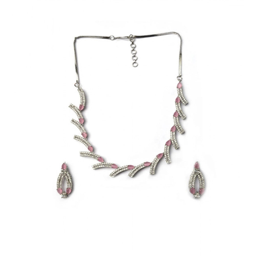 Generic Women's Brass Silver Plated Necklace set (Pink)