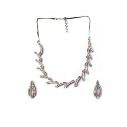 Generic Women's Brass Silver Plated Necklace set (Pink)
