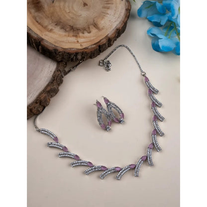 Generic Women's Brass Silver Plated Necklace set (Pink)
