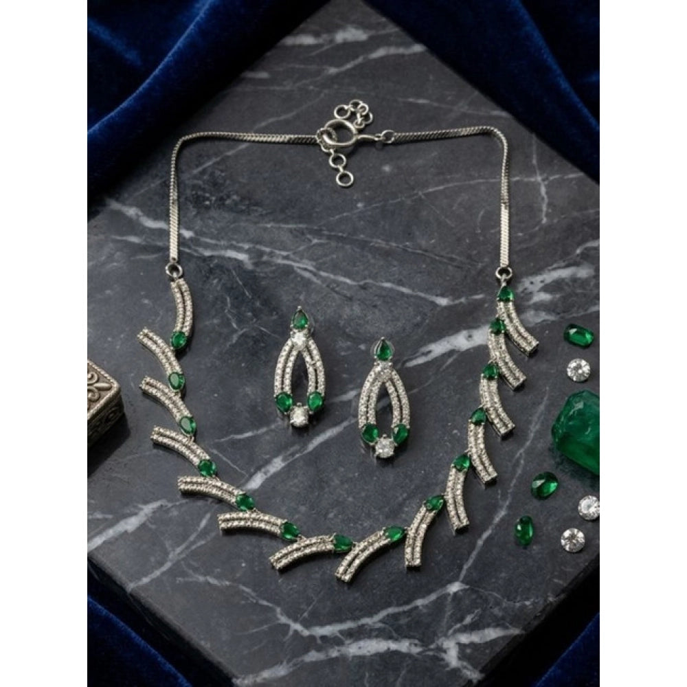 Generic Women's Brass Silver Plated Necklace set (Green)