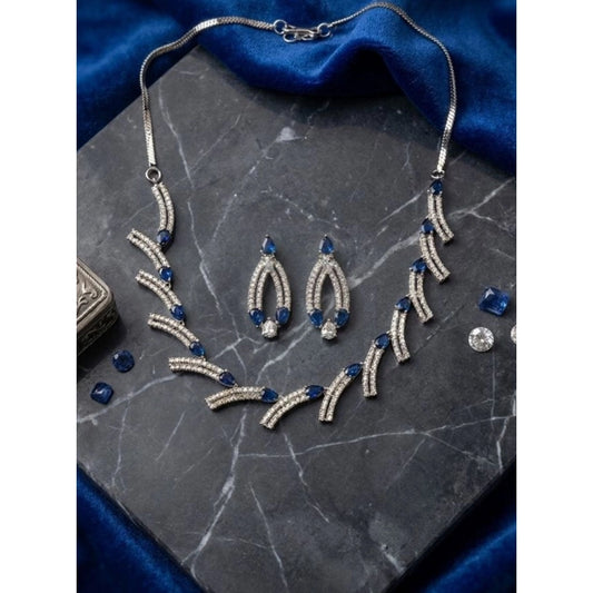 Generic Women's Brass Silver Plated Necklace set (Blue)