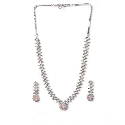 Generic Women's Brass Silver Plated Necklace set (Pink)