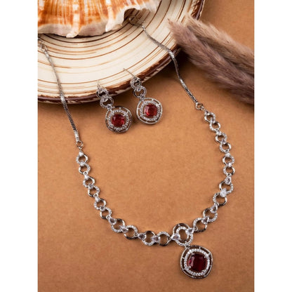 Generic Women's Brass Silver Plated Necklace set (Red)