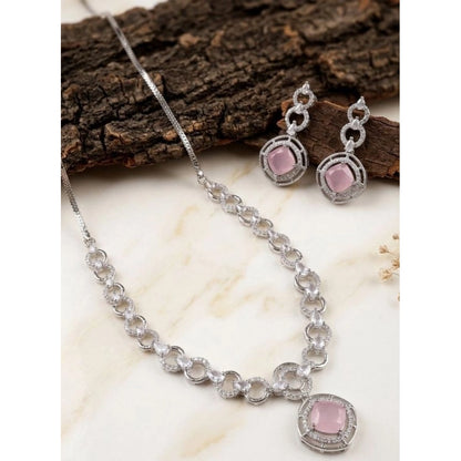Generic Women's Brass Silver Plated Necklace set (Pink)