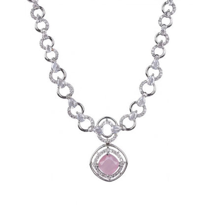 Generic Women's Brass Silver Plated Necklace set (Pink)