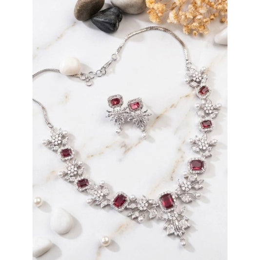 Generic Women's Brass Silver Plated Necklace set (Red)