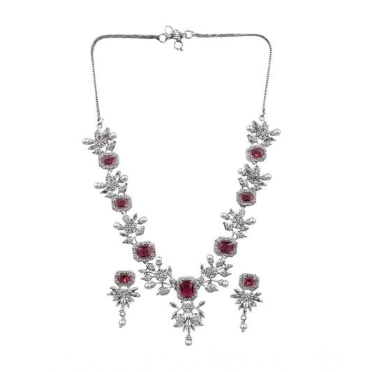 Generic Women's Brass Silver Plated Necklace set (Red)