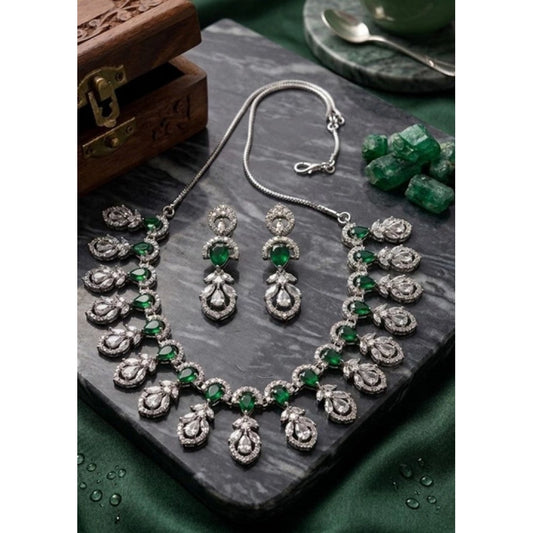 Generic Women's Brass Silver Plated Necklace set (Green)
