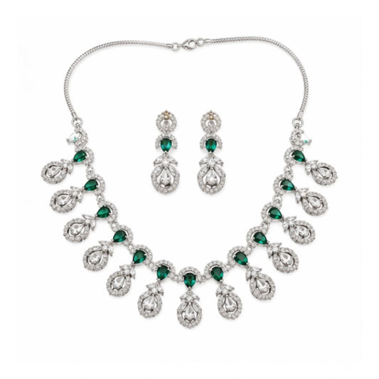 Generic Women's Brass Silver Plated Necklace set (Green)