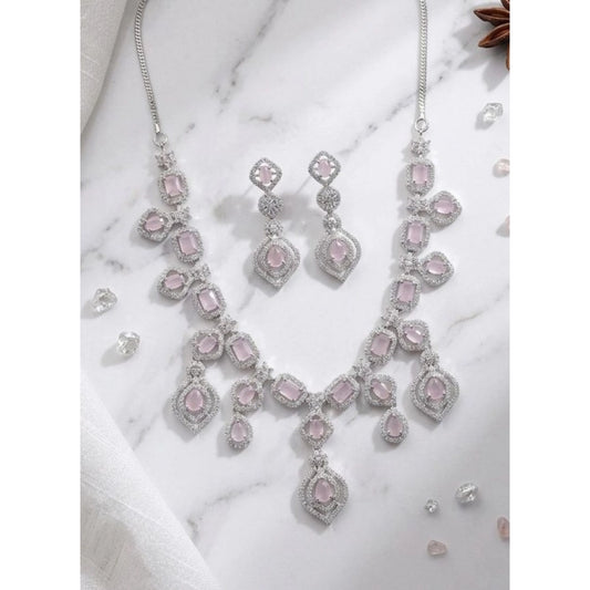 Generic Women's Brass Silver Plated Necklace set (Pink)