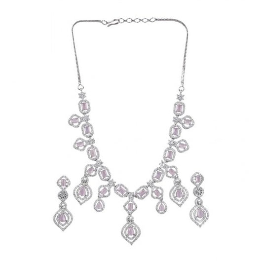 Generic Women's Brass Silver Plated Necklace set (Pink)