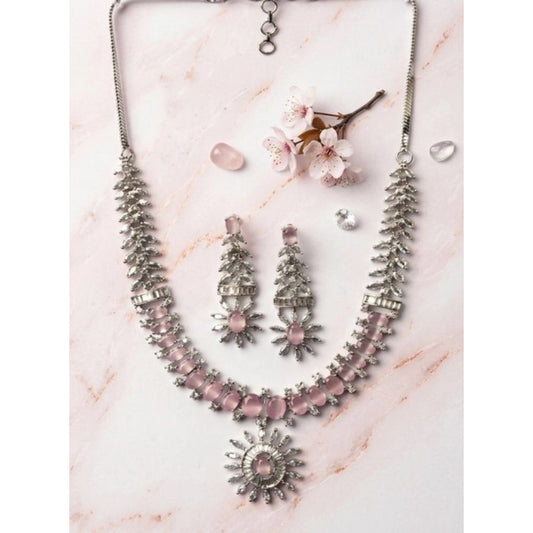 Generic Women's Brass Silver Plated Necklace set (Pink)