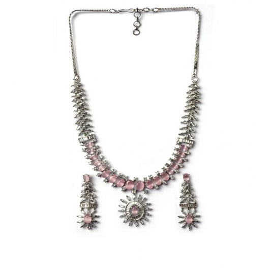 Generic Women's Brass Silver Plated Necklace set (Pink)