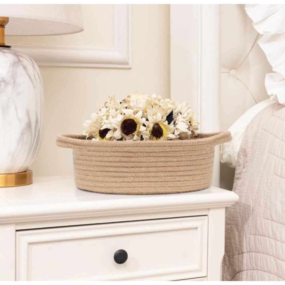 Generic Cotton 8x3 Inch Round Bedside Organizer With Out Lid (Beige)