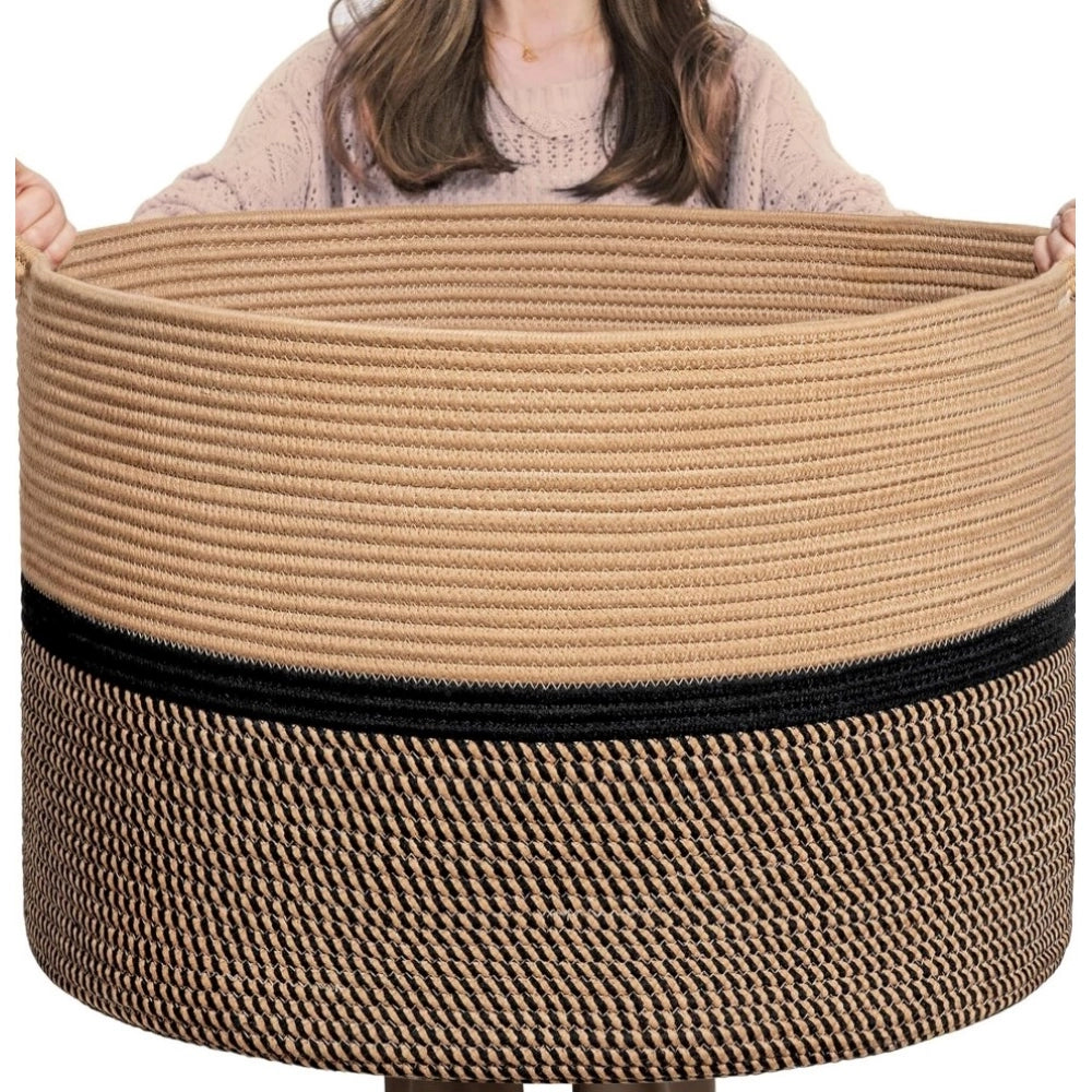 Generic Cotton Dori 16x14 Inch Storage Basket For Clothes With Out Lid (Beige-Beige-Black)