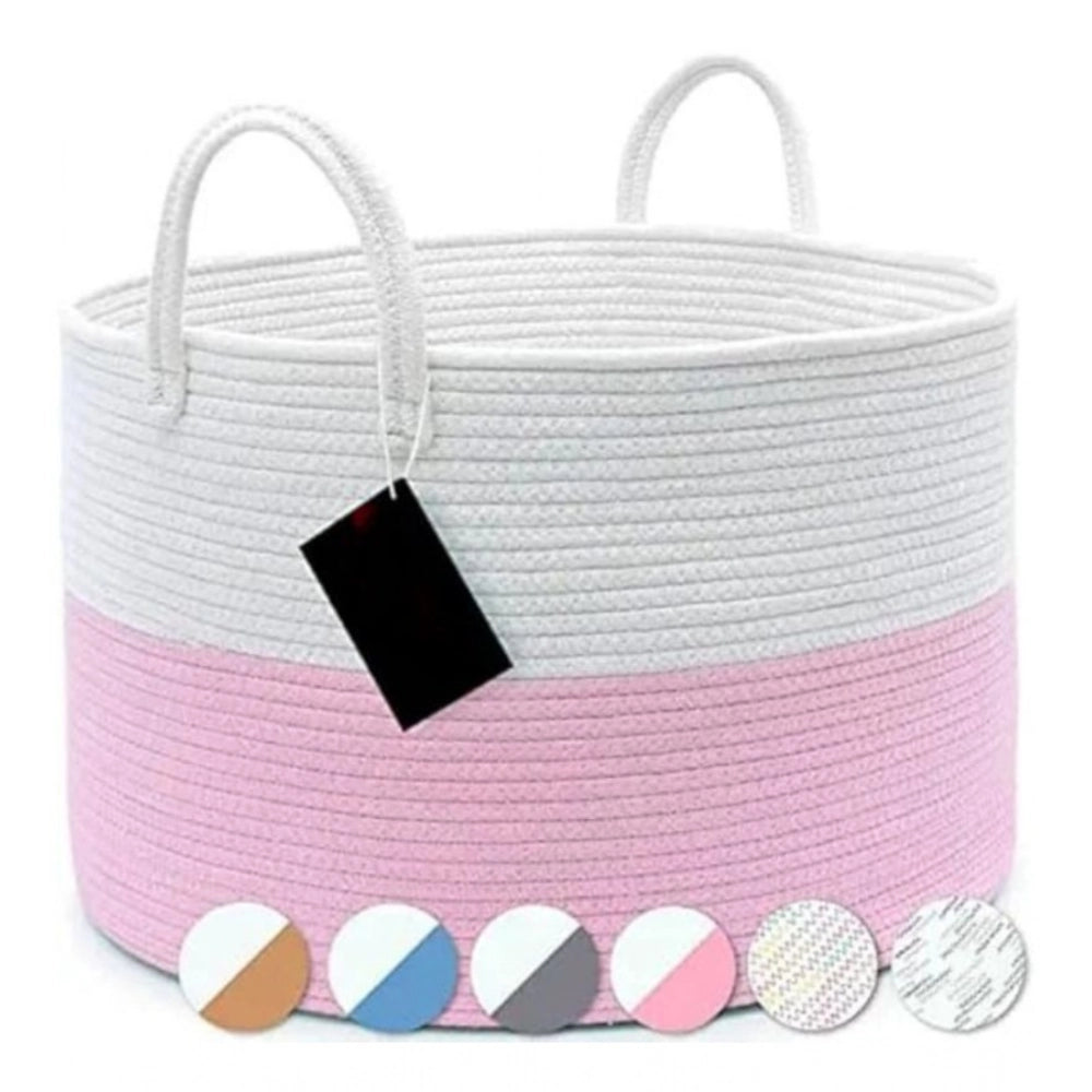 Generic Cotton Pack Of_1 14x12 Inch Laundry Storage Basket For Clothes (Pink-White)
