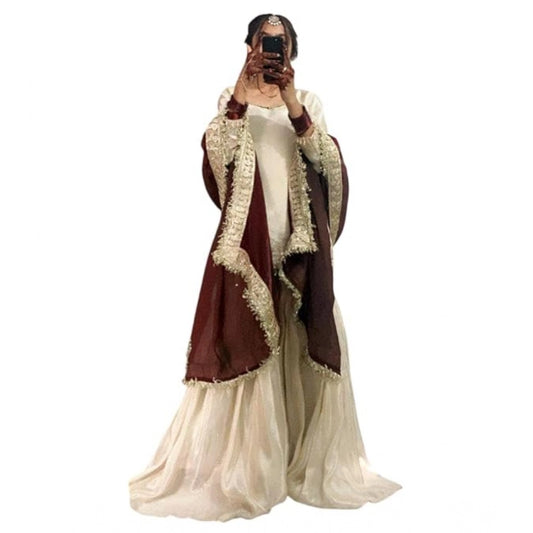 Generic Women's Silk Embroidered 3/4th Sleeve V-Neck Kurti With Sharara Pant and Dupatta Set (Cream &amp; Brown)