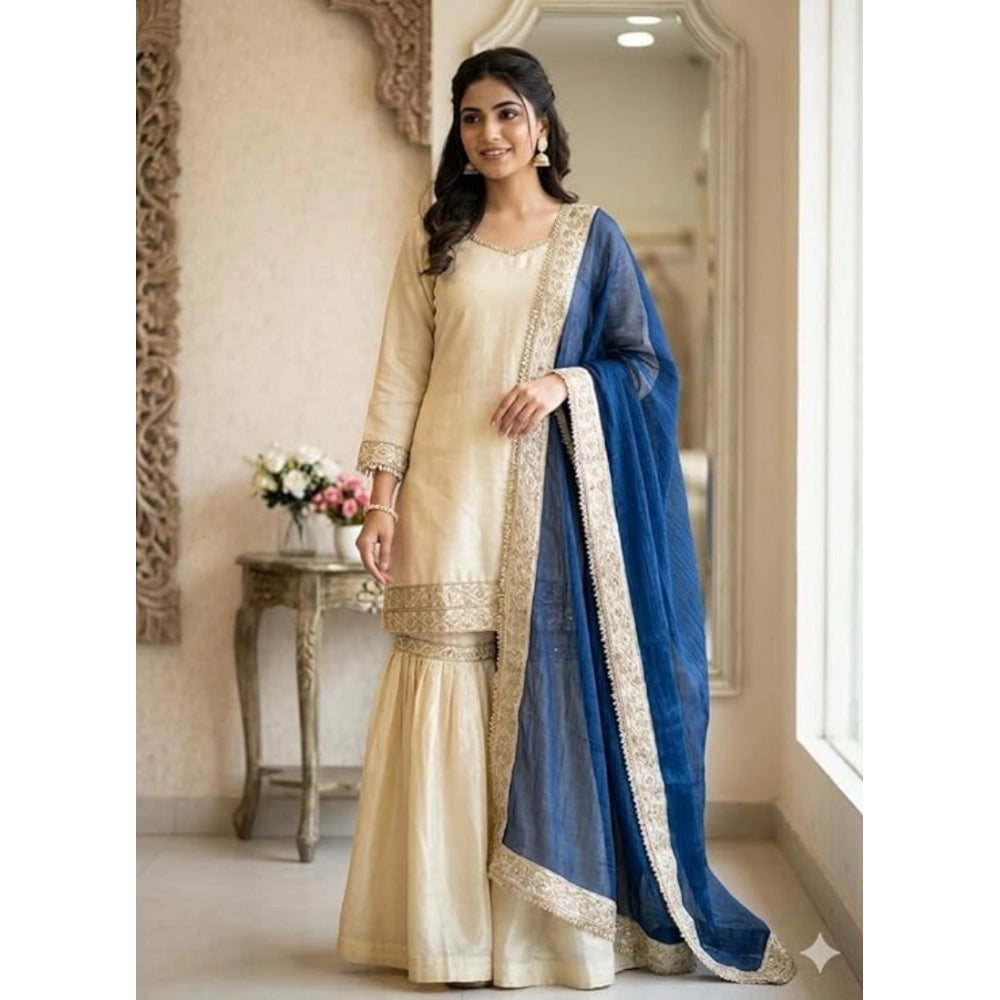 Generic Women's Silk Embroidered 3/4th Sleeve V-Neck Kurti With Sharara Pant and Dupatta Set (Cream &amp; Blue)